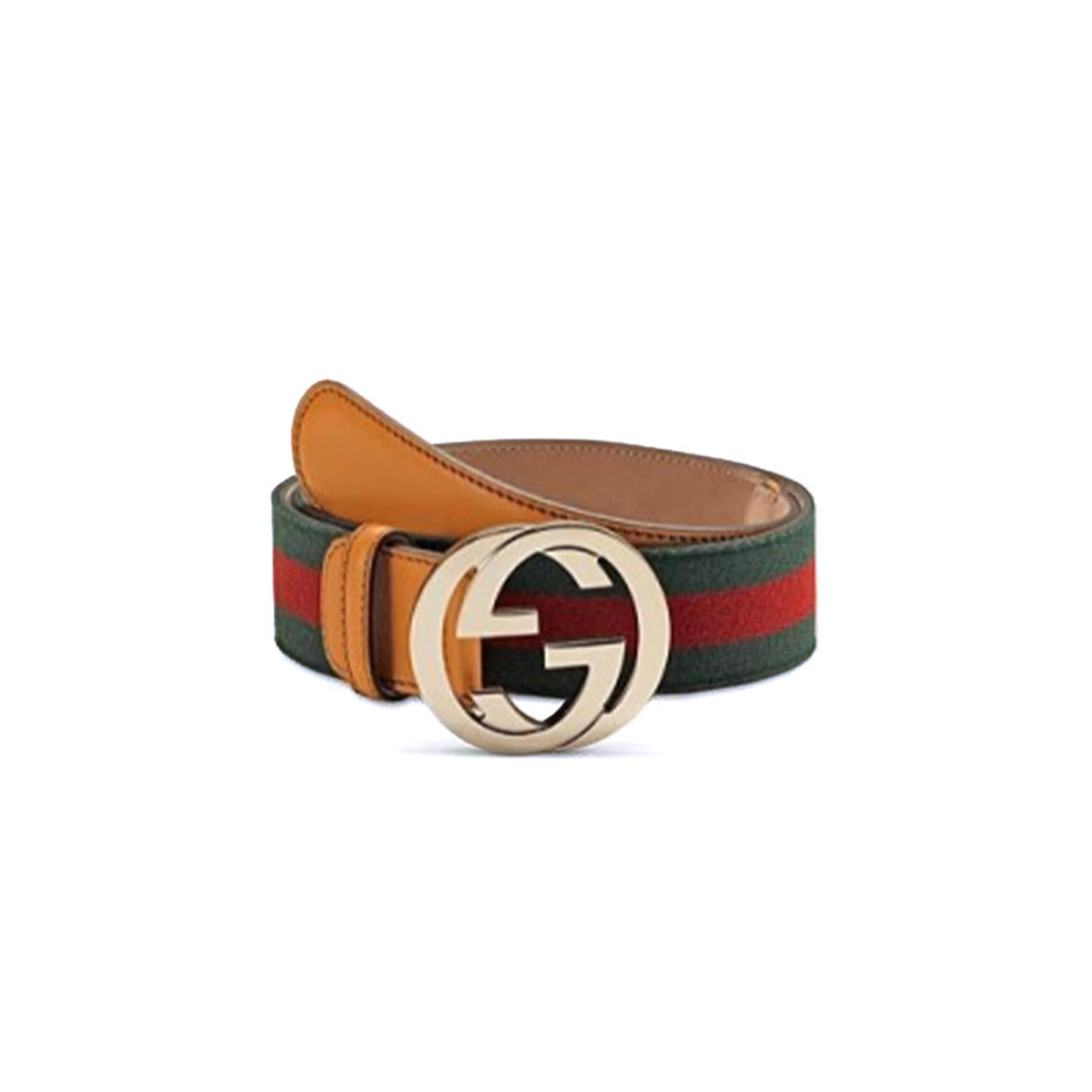 GUCCI TAN LEATHER AND WEB CANVAS INTERLOCKING G BUCKLE BELT 95 CM 